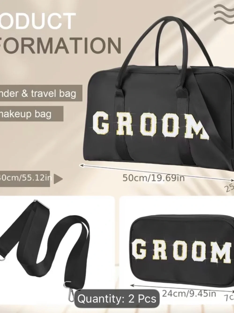 Black 'GROOM' Travel Duffle Bag Set for Men - 2 Pcs